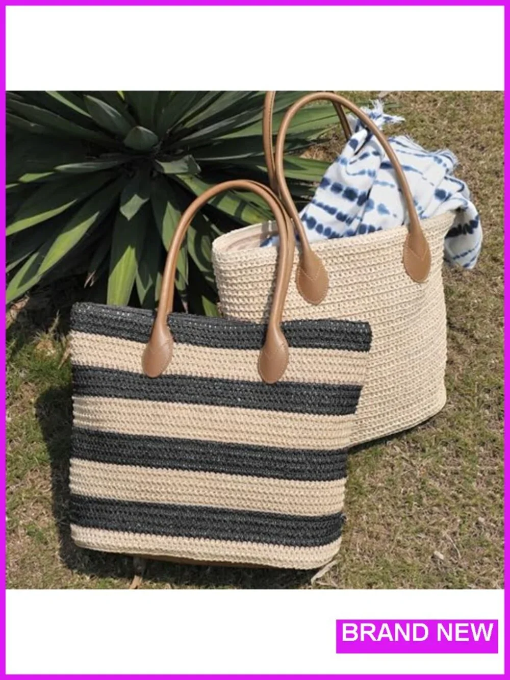 Striped Synthetic Straw Tote Lightweight Shoulder Handbag with Zipper